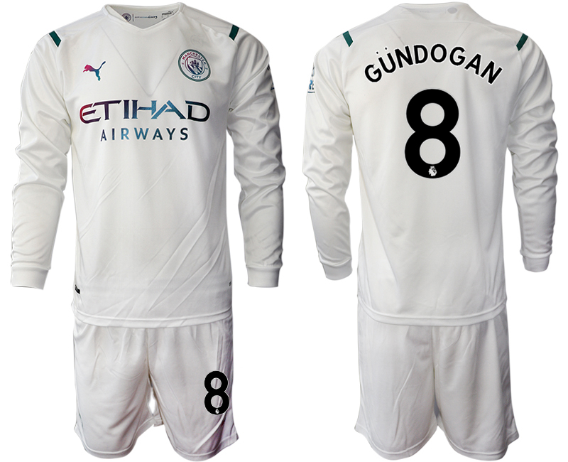 Men 2021-2022 Club Manchester city away white Long Sleeve #8 Soccer Jersey->manchester city jersey->Soccer Club Jersey